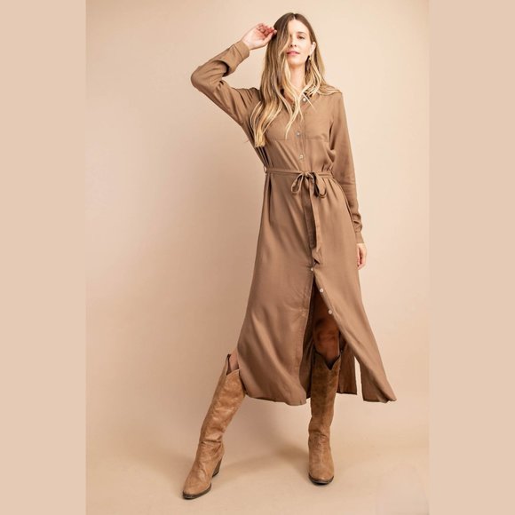 NWT Long Button Down Shirt Dress Waist Tie/Pocket - Picture 3 of 4